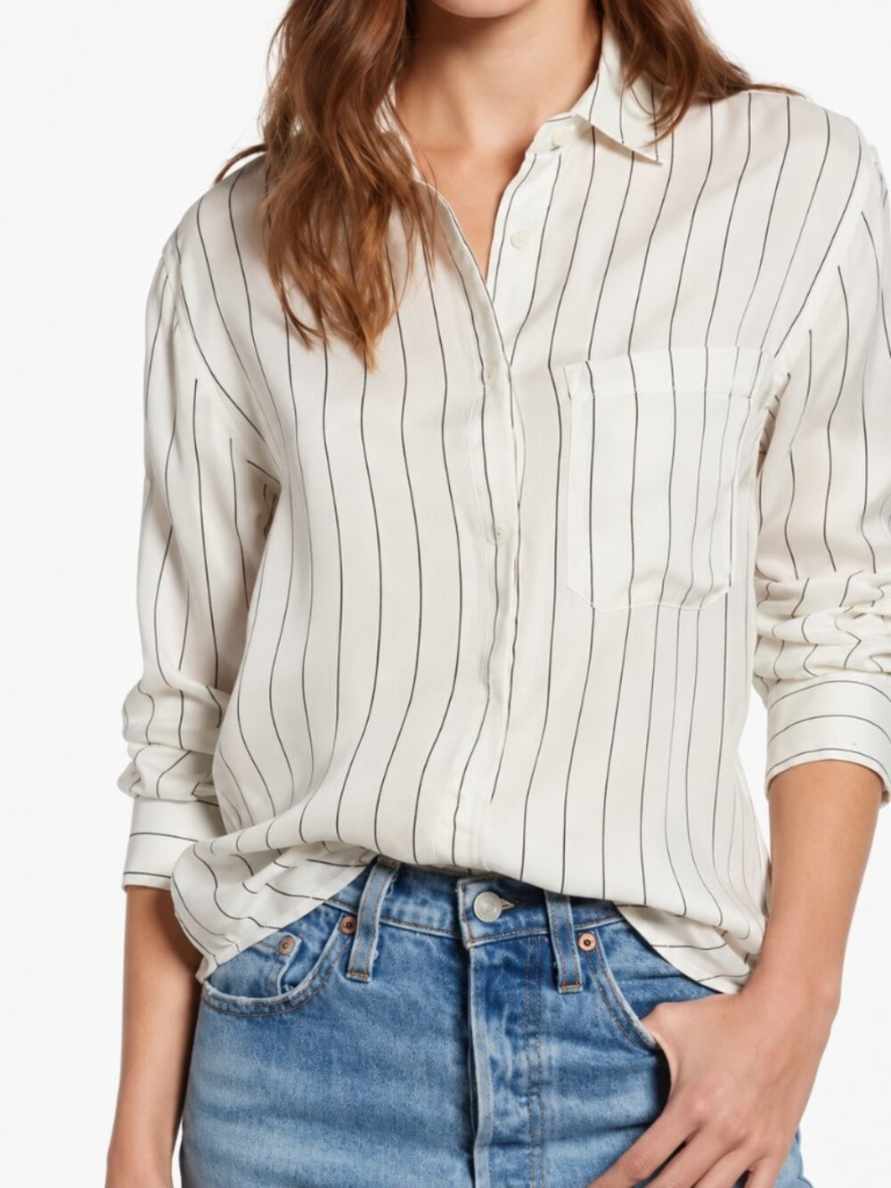 Rails Hayden Shirt M Ivory Black Pinstripe Cupro Silky Button Down Blouse